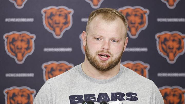 May 8, 2026; Lake Forest, IL, USA; Chicago Bears offensive lineman Logan Jones (54) speaks during Rookie Minicamp at Halas Hall. Mandatory Credit: Kamil Krzaczynski-Imagn Images