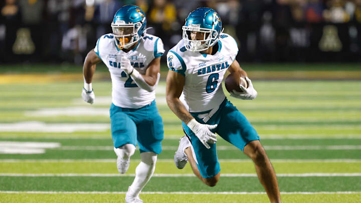Oct 20, 2021; Boone, North Carolina, USA; Coastal Carolina Chanticleers wide receiver Jaivon Heiligh
