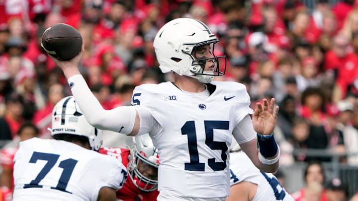 Oct 21, 2023; Columbus, Ohio, USA; Penn State Nittany Lions quarterback Drew Allar (15) throws the
