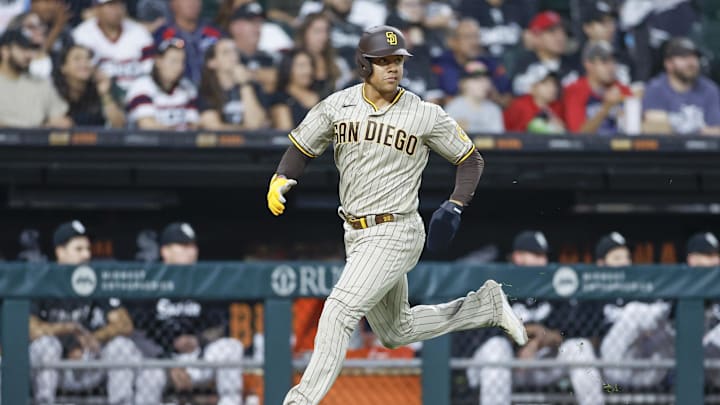 Sep 30, 2023; Chicago, Illinois, USA; San Diego Padres left fielder Juan Soto (22) runs to score