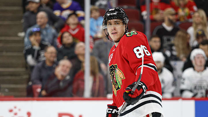 Oct 26, 2025; Chicago, Illinois, USA; Chicago Blackhawks center Teuvo Teravainen (86) looks on during the first period of an NHL game against the Los Angeles Kings at United Center. Mandatory Credit: Kamil Krzaczynski-Imagn Images