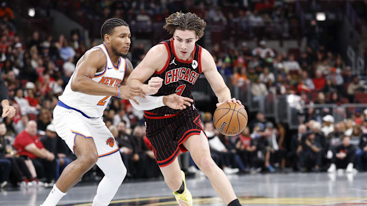 Oct 31, 2025; Chicago, Illinois, USA; Chicago Bulls guard Josh Giddey (3) drives to the basket against New York Knicks guard Miles McBride (2) during the first half at United Center. Mandatory Credit: Kamil Krzaczynski-Imagn Images Oct 31, 2025; Chicago, Illinois, USA; Chicago Bulls guard Josh Giddey (3) drives to the basket against New York Knicks guard Miles McBride (2) during the first half at United Center. Mandatory Credit: Kamil Krzaczynski-Imagn Images