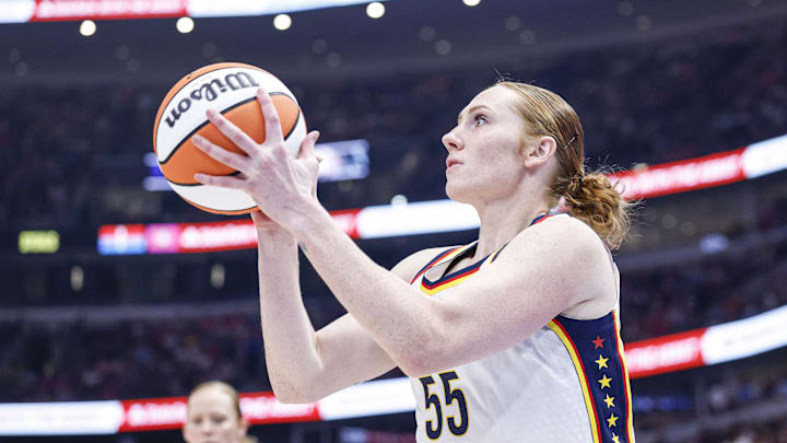 Jul 27, 2025; Chicago, Illinois, USA; Indiana Fever forward Chloe Bibby (55) shoots against the Chicago Sky during the first half at United Center. Mandatory Credit: Kamil Krzaczynski-Imagn Images Jul 27, 2025; Chicago, Illinois, USA; Indiana Fever forward Chloe Bibby (55) shoots against the Chicago Sky during the first half at United Center. Mandatory Credit: Kamil Krzaczynski-Imagn Images