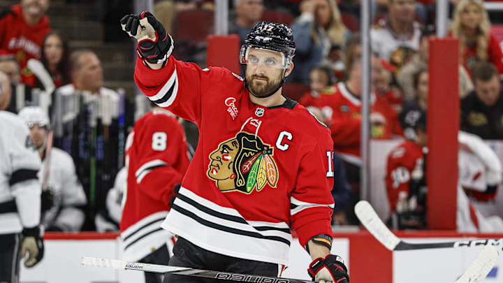 Oct 26, 2025; Chicago, Illinois, USA; Chicago Blackhawks left wing Nick Foligno (17) reacts during the first period of an NHL game against the Los Angeles Kings at United Center. Mandatory Credit: Kamil Krzaczynski-Imagn Images Oct 26, 2025; Chicago, Illinois, USA; Chicago Blackhawks left wing Nick Foligno (17) reacts during the first period of an NHL game against the Los Angeles Kings at United Center. Mandatory Credit: Kamil Krzaczynski-Imagn Images