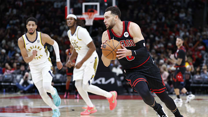 Chicago Bulls guard Zach LaVine (8) drives to the basket against the Indiana Pacers during the second half at United Center. Mandatory Credit: Kamil Krzaczynski-Imagn Images