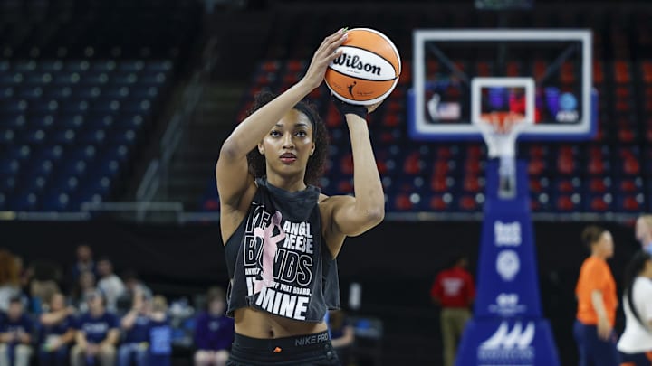 Sep 3, 2025; Chicago, Illinois, USA; Chicago Sky forward Angel Reese (5) warms up before a WNBA game against the Connecticut Sun at Wintrust Arena. Mandatory Credit: Kamil Krzaczynski-Imagn Images