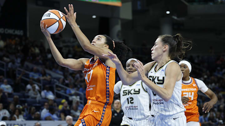 Aug 23, 2025; Chicago, Illinois, USA; Connecticut Sun guard Leila Lacan drives to the basket against Chicago Sky guard Sevgi Uzun