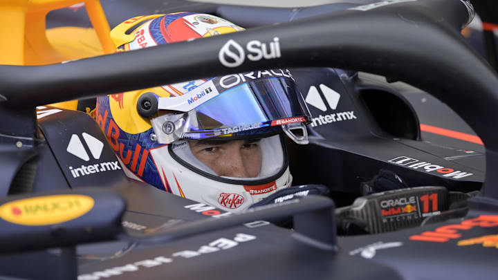 Jun 8, 2024; Montreal, Quebec, CAN; Red Bull Racing driver Sergio Perez (MEX) in the pit lane at Circuit Gilles Villeneuve. Mandatory Credit: Eric Bolte-USA TODAY Sports
