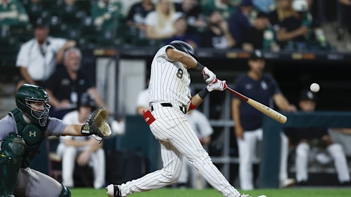 Chicago White Sox second baseman Nicky Lopez (8) hits an RBI-single against the Oakland Athletics during the eight inning at Guaranteed Rate Field on Sept 14.
