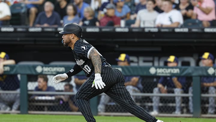 Chicago White Sox third baseman Yoan Moncada (10) watches his RBI-single against the Milwaukee Brewers during the first inning at Guaranteed Rate Field in 2023.