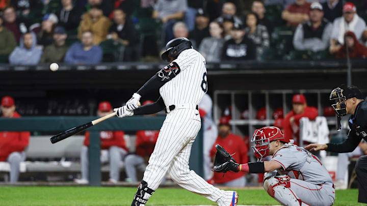 Chicago White Sox outfielder Luis Robert Jr. (88) hits an RBI-single against the Los Angeles Angels during the eight inning at Guaranteed Rate Field on Sept 24. Chicago White Sox outfielder Luis Robert Jr. (88) hits an RBI-single against the Los Angeles Angels during the eight inning at Guaranteed Rate Field on Sept 24.