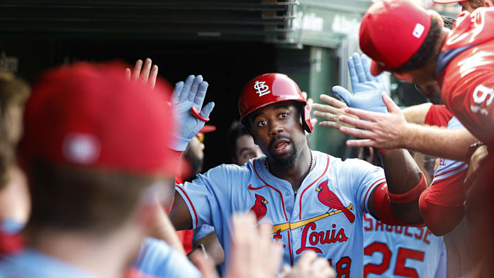 Sep 27, 2025; Chicago, Illinois, USA; St. Louis Cardinals right fielder Jordan Walker (18) celebrates with teammates in the dugout after hitting a two-run home run against the Chicago Cubs during the seventh inning at Wrigley Field. Mandatory Credit: Kamil Krzaczynski-Imagn Images Sep 27, 2025; Chicago, Illinois, USA; St. Louis Cardinals right fielder Jordan Walker (18) celebrates with teammates in the dugout after hitting a two-run home run against the Chicago Cubs during the seventh inning at Wrigley Field. Mandatory Credit: Kamil Krzaczynski-Imagn Images