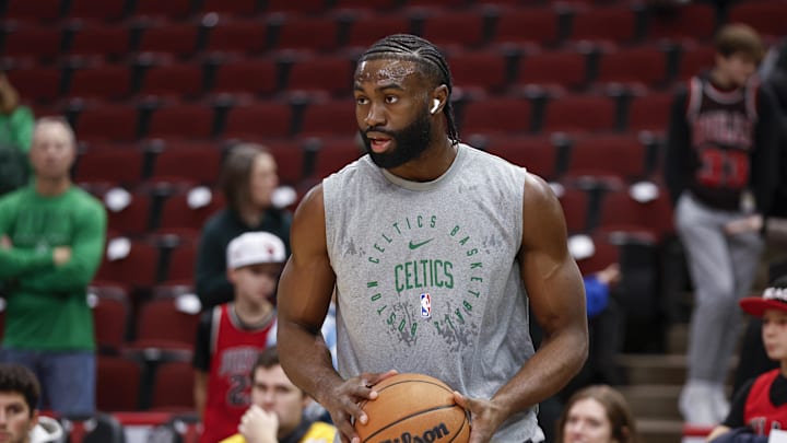 Dec 21, 2024; Chicago, Illinois, USA; Boston Celtics guard Jaylen Brown (7) warms up before a basketball game against the Chicago Bulls at United Center. Mandatory Credit: Kamil Krzaczynski-Imagn Images