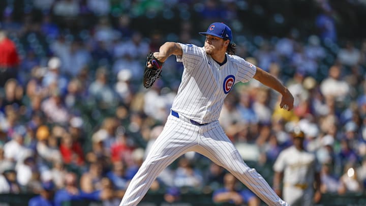 Sep 18, 2024; Chicago, Illinois, USA; Chicago Cubs starting pitcher Justin Steele (35) delivers a pitch against the Oakland Athletics during the first inning at Wrigley Field. Mandatory Credit: Kamil Krzaczynski-Imagn Images Sep 18, 2024; Chicago, Illinois, USA; Chicago Cubs starting pitcher Justin Steele (35) delivers a pitch against the Oakland Athletics during the first inning at Wrigley Field. Mandatory Credit: Kamil Krzaczynski-Imagn Images