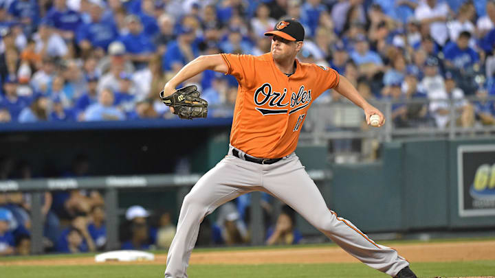 Apr 23, 2016; Kansas City, MO, USA; Baltimore Orioles pitcher Brian Matusz (17) delivers a pitch against the Kansas City Royals during the sixth inning at Kauffman Stadium. Mandatory Credit: Peter G. Aiken-Imagn Images Apr 23, 2016; Kansas City, MO, USA; Baltimore Orioles pitcher Brian Matusz (17) delivers a pitch against the Kansas City Royals during the sixth inning at Kauffman Stadium. Mandatory Credit: Peter G. Aiken-Imagn Images