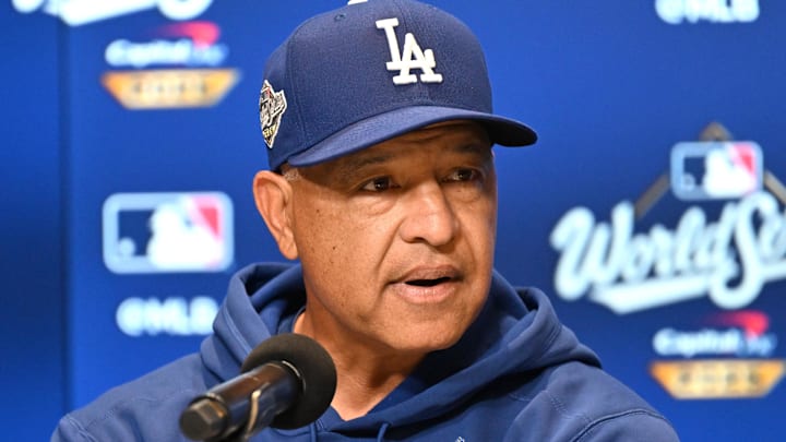 Los Angeles Dodgers manager Dave Roberts (30) speaks to the reporters during media day and team workouts at Rogers Centre on Oct. 23.