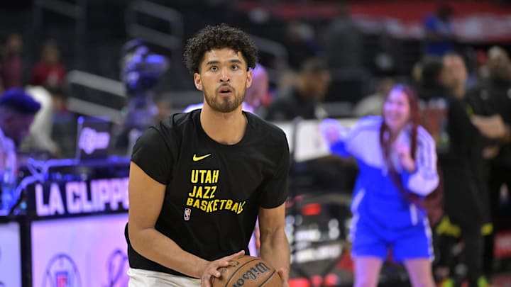 Apr 5, 2024; Los Angeles, California, USA;  Utah Jazz guard Johnny Juzang (33) warms up prior to the game against the Los Angeles Clippers at Crypto.com Arena. Mandatory Credit: Jayne Kamin-Oncea-Imagn Images