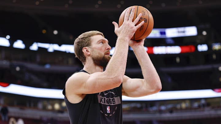 Oct 29, 2025; Chicago, Illinois, USA; Sacramento Kings forward Domantas Sabonis (11) warms up before an NBA game against the Chicago Bulls at United Center. Mandatory Credit: Kamil Krzaczynski-Imagn Images