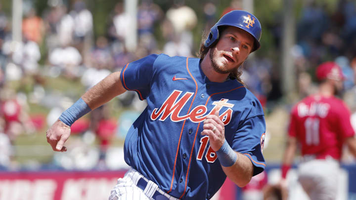 Mar 27, 2022; Port St. Lucie, Florida, USA; New York Mets center fielder Travis Jankowski rounds second base during the second  inning of a spring training game against the St. Louis Cardinals at Clover Park. Mandatory Credit: Reinhold Matay-Imagn Images