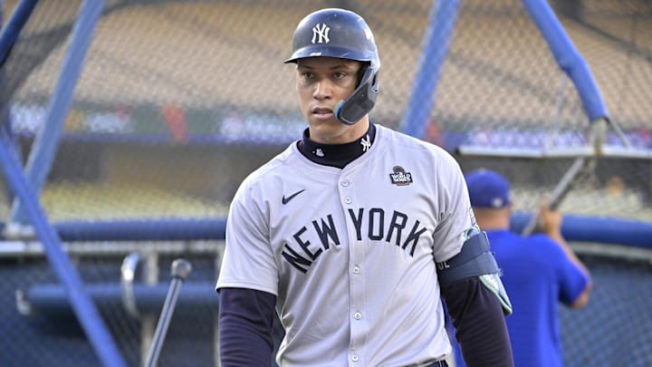 Oct 24, 2024; Los Angeles, CA, USA;  New York Yankees center fielder Aaron Judge (99) during team workouts prior to game one of the World Series against the Los Angeles Dodgers at Dodger Stadium. Mandatory Credit: Jayne Kamin-Oncea-Imagn Images