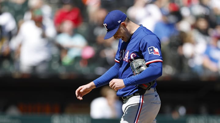 May 25, 2025; Chicago, Illinois, USA; Texas Rangers starting pitcher Patrick Corbin (46) leaves a baseball game against the Chicago White Sox during the sixth inning at Rate Field. 