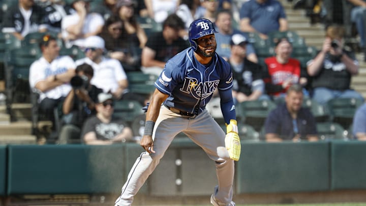Apr 16, 2026; Chicago, Illinois, USA; Tampa Bay Rays center fielder Cedric Mullins (31) reacts after scoring against the Chicago White Sox during the seventh inning at Rate Field. 