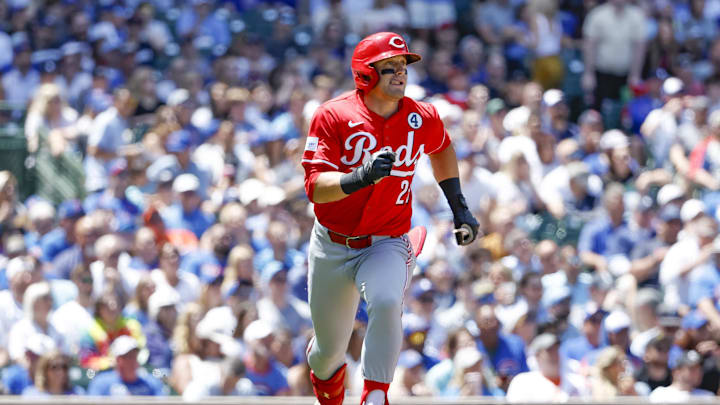 Jun 2, 2024; Chicago, Illinois, USA; 
Cincinnati Reds outfielder TJ Friedl (29) rounds the bases after hitting a three-run home run against the Chicago Cubs during the second inning at Wrigley Field. Mandatory Credit: Kamil Krzaczynski-USA TODAY Sports