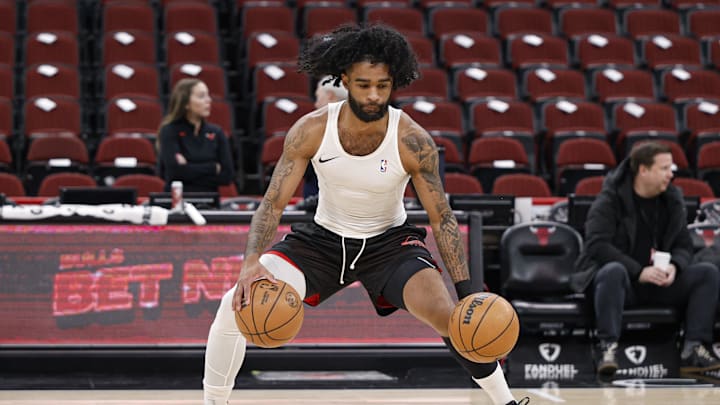 Jan 26, 2026; Chicago, Illinois, USA; Chicago Bulls guard Coby White (0) warms up before an NBA game against the Los Angeles Lakers at United Center. Mandatory Credit: Kamil Krzaczynski-Imagn Images