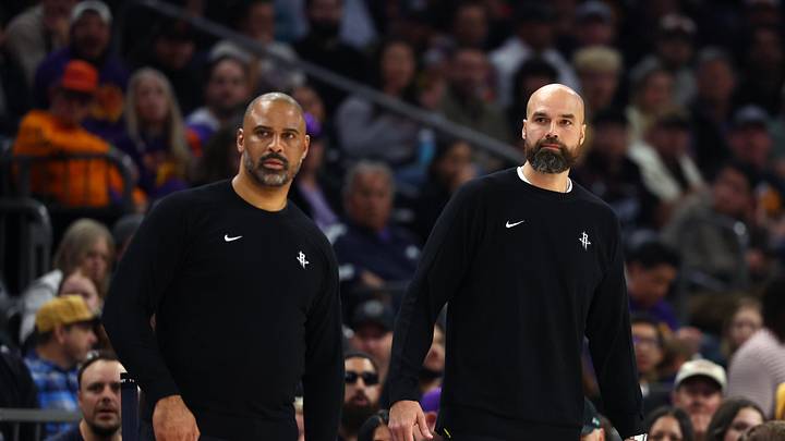 Nov 24, 2025; Phoenix, Arizona, USA; Houston Rockets head coach Ime Udoka (left) with assistant coach Ben Sullivan against the Phoenix Suns at Mortgage Matchup Center. Mandatory Credit: Mark J. Rebilas-Imagn Images