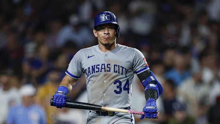 Jul 22, 2025; Chicago, Illinois, USA; Kansas City Royals catcher Freddy Fermin (34) reacts after striking out against the Chicago Cubs during the seventh inning at Wrigley Field. Mandatory Credit: Kamil Krzaczynski-Imagn Images