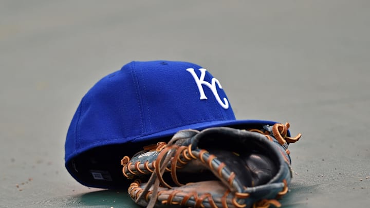 Apr 17, 2015; Kansas City, MO, USA; A general view of the hat and glove of Kansas City Royals first basemen Eric Hosmer the field prior to a game against the Oakland Athletics at Kauffman Stadium. Mandatory Credit: Peter G. Aiken-Imagn Images