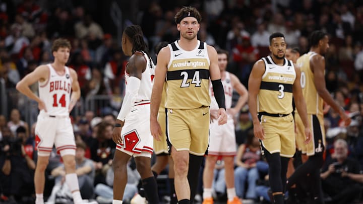 Nov 22, 2025; Chicago, Illinois, USA; Washington Wizards forward Corey Kispert (24) reacts after scoring against the Chicago Bulls during the first half at United Center. Mandatory Credit: Kamil Krzaczynski-Imagn Images