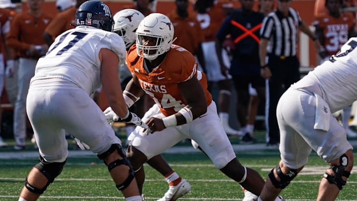 Sep 2, 2023; Austin, Texas, USA; Texas Longhorns defensive lineman Jaray Bledsoe (94) rushes during the second half against the Rice Owls at Darrell K Royal-Texas Memorial Stadium. Mandatory Credit: Scott Wachter-Imagn Images