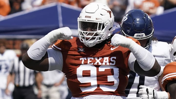 Sep 2, 2023; Austin, Texas, USA; Texas Longhorns defensive lineman T'Vondre Sweat (93) reacts after