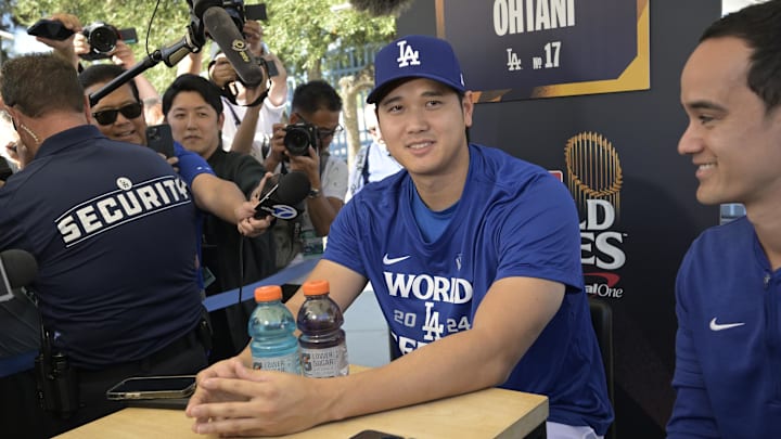 Oct 24, 2024; Los Angeles, CA, USA;  Los Angeles Dodgers designated hitter Shohei Ohtani (17) answers questions during media day prior to game one of the World Series against the New York Yankees at Dodger Stadium. Mandatory Credit: Jayne Kamin-Oncea-Imagn Images