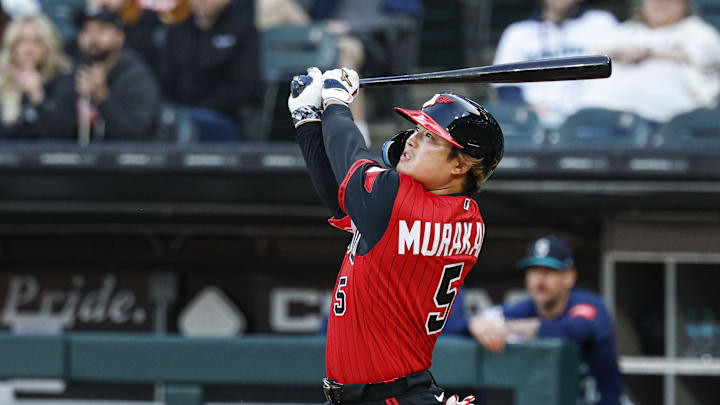May 8, 2026; Chicago, Illinois, USA; Chicago White Sox first baseman Munetaka Murakami (5) hits a solo home run against the Seattle Mariners during the first inning at Rate Field. 