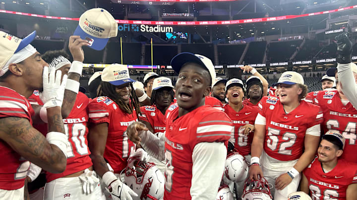 The UNLV Rebels celebrate after defeating the California Golden Bears in the LA Bowl at SoFi Stadium. 