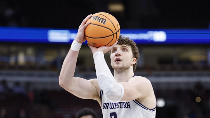 Mar 10, 2026; Chicago, IL, USA; Northwestern Wildcats forward Nick Martinelli (2) shoots a free throw against the Penn State Nittany Lions during the second half at United Center. Mandatory Credit: Kamil Krzaczynski-Imagn Images