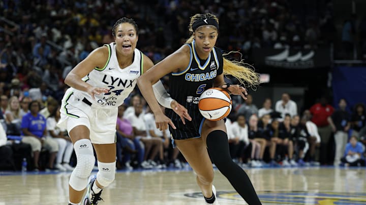 Jul 12, 2025; Chicago, Illinois, USA; Chicago Sky forward Angel Reese (5) drives to the basket against Minnesota Lynx forward Napheesa Collier (24) during the second half of a WNBA game at Wintrust Arena. Mandatory Credit: Kamil Krzaczynski-Imagn Images Jul 12, 2025; Chicago, Illinois, USA; Chicago Sky forward Angel Reese (5) drives to the basket against Minnesota Lynx forward Napheesa Collier (24) during the second half of a WNBA game at Wintrust Arena. Mandatory Credit: Kamil Krzaczynski-Imagn Images