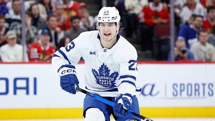 Nov 15, 2025; Chicago, Illinois, USA; Toronto Maple Leafs left wing Matthew Knies (23) reacts during the first period at United Center. Mandatory Credit: Kamil Krzaczynski-Imagn Images