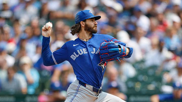 Aug 6, 2026; Chicago, Illinois, USA; Toronto Blue Jays starting pitcher Dylan Cease (84) delivers a pitch against the Chicago Cubs during the fourth inning at Wrigley Field. Mandatory Credit: Kamil Krzaczynski-Imagn Images