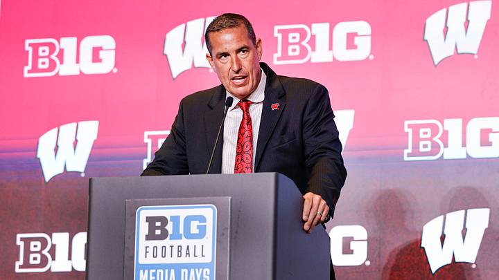 Jul 28, 2026; Chicago, IL, USA; Wisconsin Football head coach Luke Fickell speaks during Media Days at Hilton Chicago. Mandatory Credit: Kamil Krzaczynski-Imagn Images