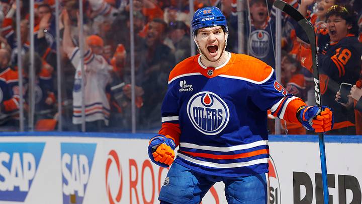 Apr 28, 2026; Edmonton, Alberta, CAN; Edmonton Oilers forward Vasily Podkolzin (92) celebrates after scoring a goal during the first period against the Anaheim Ducks in game five of the first round of the 2026 Stanley Cup Playoffs at Rogers Place. Mandatory Credit: Perry Nelson-Imagn Images