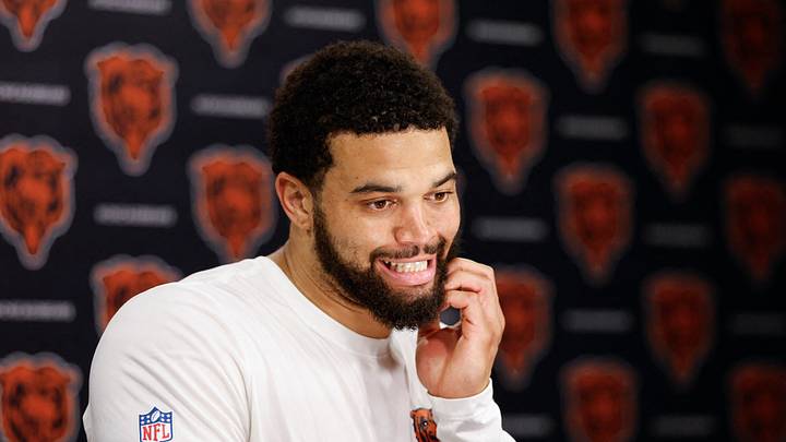 Jun 11, 2026; Lake Forest, IL, USA; Chicago Bears quarterback Caleb Williams (18) speaks during Minicamp at Halas Hall. Mandatory Credit: Kamil Krzaczynski-Imagn Images