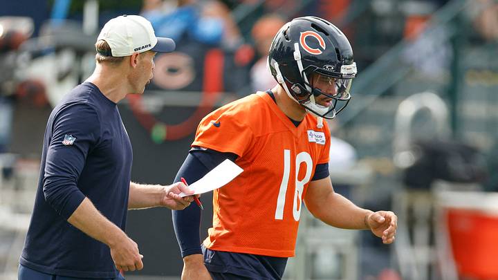 Jul 31, 2026; Lake Forest, IL, USA; Chicago Bears head coach Ben Johnson talks to quarterback Caleb Williams (18) during Training Camp at Halas Hall. Mandatory Credit: Kamil Krzaczynski-Imagn Images