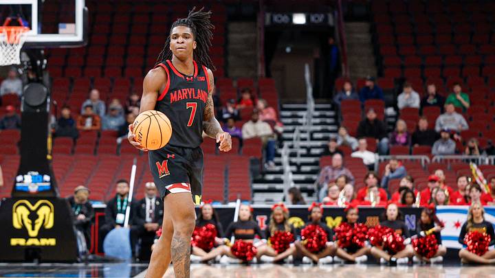 Mar 10, 2026; Chicago, IL, USA; Maryland Terrapins guard Andre Mills (7) controls the ball against the Oregon Ducks during the first half at United Center. Mandatory Credit: Kamil Krzaczynski-Imagn Images Mar 10, 2026; Chicago, IL, USA; Maryland Terrapins guard Andre Mills (7) controls the ball against the Oregon Ducks during the first half at United Center. Mandatory Credit: Kamil Krzaczynski-Imagn Images