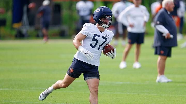 Jul 31, 2026; Lake Forest, IL, USA; Chicago Bears linebacker Jack Sanborn (57) runs with the ball during Training Camp at Halas Hall. Mandatory Credit: Kamil Krzaczynski-Imagn Images Jul 31, 2026; Lake Forest, IL, USA; Chicago Bears linebacker Jack Sanborn (57) runs with the ball during Training Camp at Halas Hall. Mandatory Credit: Kamil Krzaczynski-Imagn Images