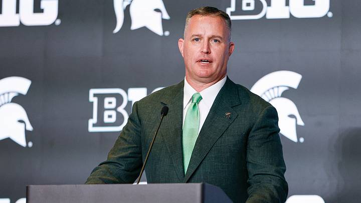 Michigan State Football head coach Pat Fitzgerald speaks during Big Ten Media Days. Michigan State Football head coach Pat Fitzgerald speaks during Big Ten Media Days.