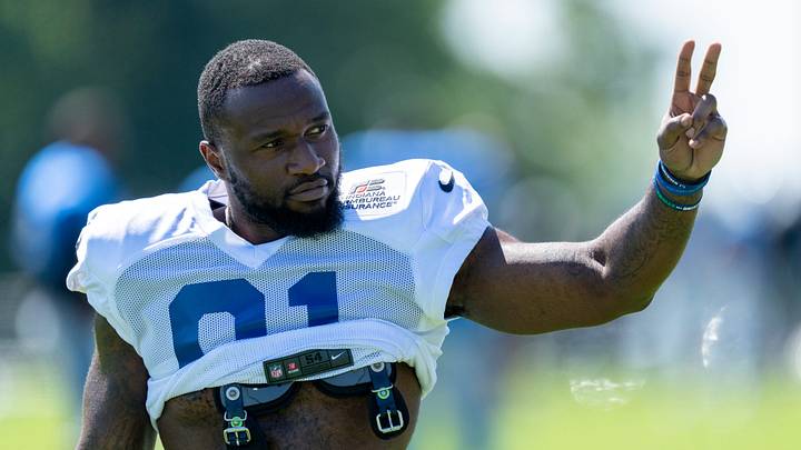 Indianapolis Colts defensive end Yannick Ngakoue (91) signals to fans during training camp Wednesday, Aug. 17, 2022, at Grand Park in Westfield, Ind. Indianapolis Colts defensive end Yannick Ngakoue (91) signals to fans during training camp Wednesday, Aug. 17, 2022, at Grand Park in Westfield, Ind.