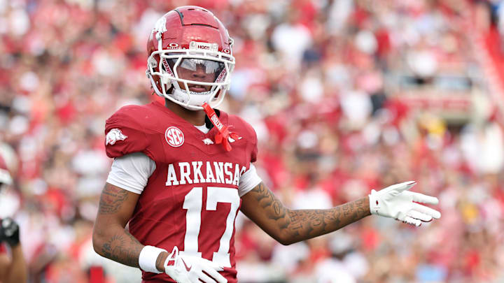 Sep 6, 2025; Little Rock, Arkansas, USA; Arkansas Razorbacks wide receiver Jalen Brown (17) lines up during the second quarter against the Arkansas State Red Wolves at War Memorial Stadium. Mandatory Credit: Nelson Chenault-Imagn Images